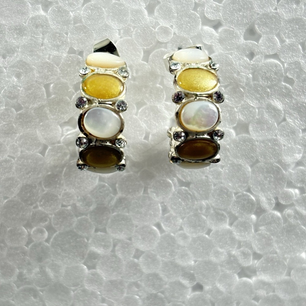 Yellow White Opalescent Hoop Earrings Silver Tone Rhinestone Accents Retro Glam